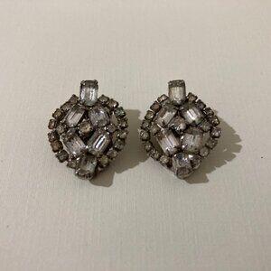 Vintage Rhinestone Clip On Earrings Elegant Silver Tone